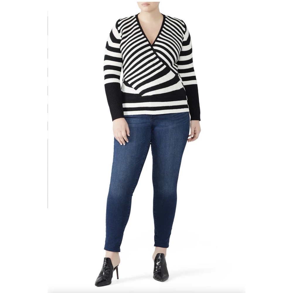 Tome NYC Crossover Black Stripped Knit Sweater Size 22‎ Merino Wool Cotton